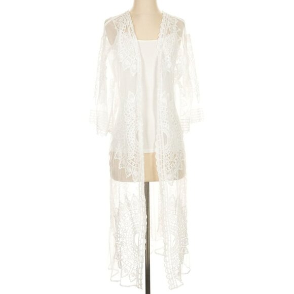 Rachel Zoe Lace Duster White Kimono Cover Up Embroidered Open Front OS Boho - Picture 4 of 15